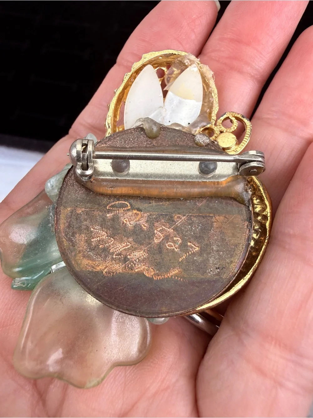 One of a Kind Vintage Green Cluster Basket Brooch Gold Tone Statement Pin